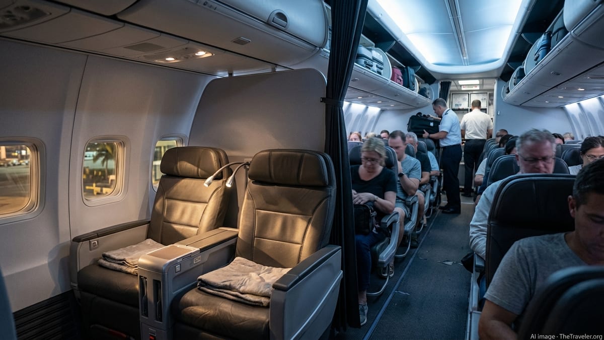 Passengers sit in a crowded economy cabin while empty first-class seats sit unused on a night flight.