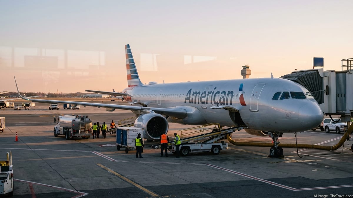 American Airlines Airbus A321XLR at a JFK gate at sunset, prepared for its New York to Edinburgh flight.