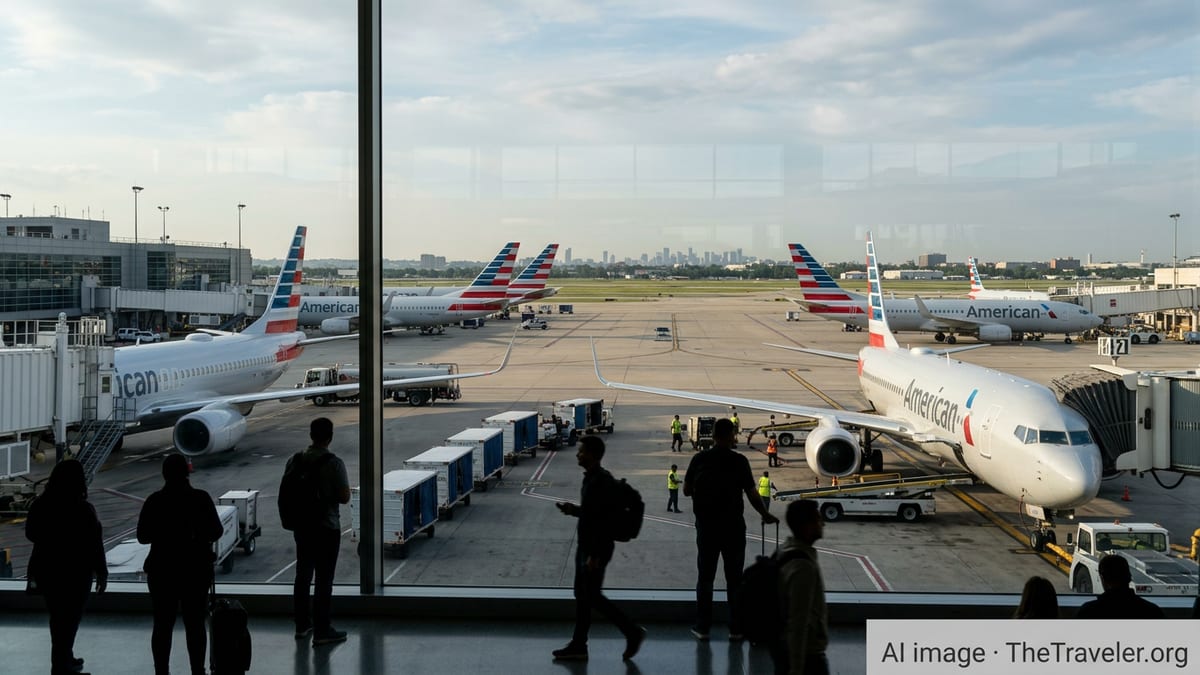American Airlines jets at crowded airport gates seen through a terminal window at sunset.
