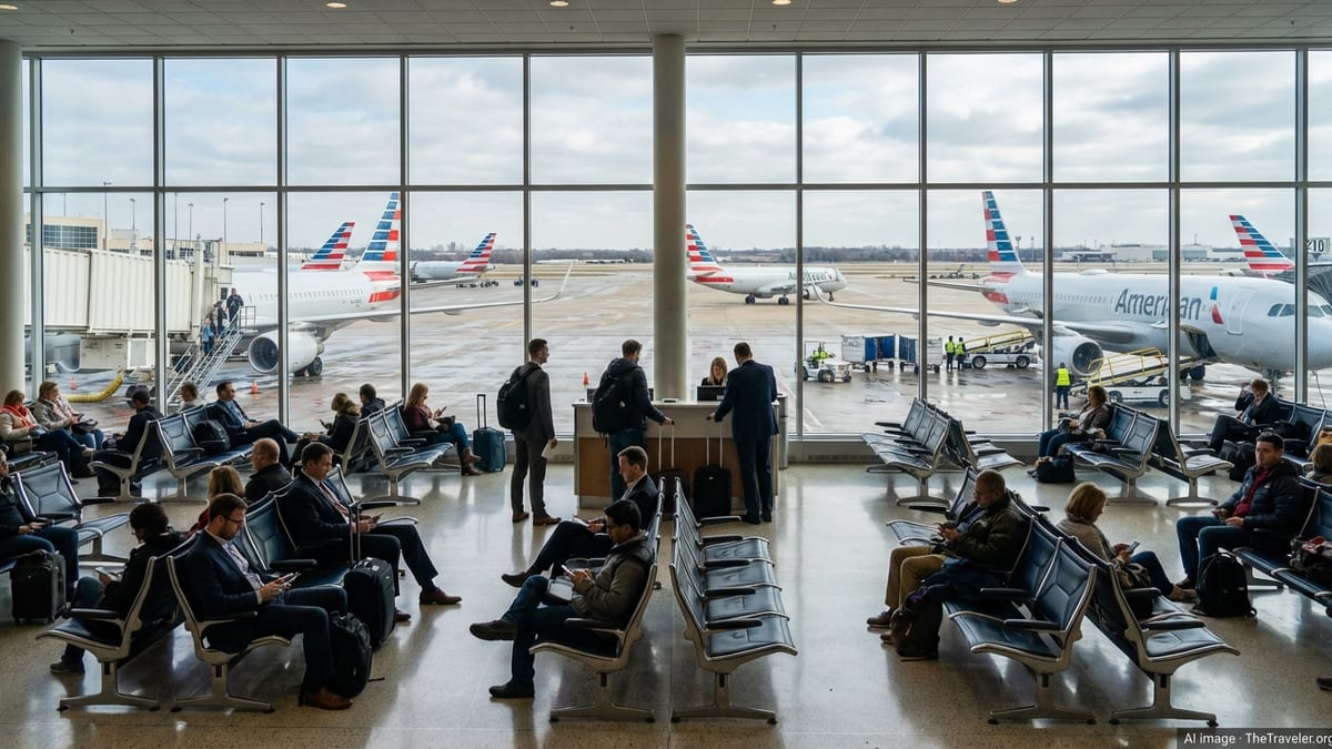 Travelers waiting at an American Airlines gate as jets sit on the tarmac under a gray sky.