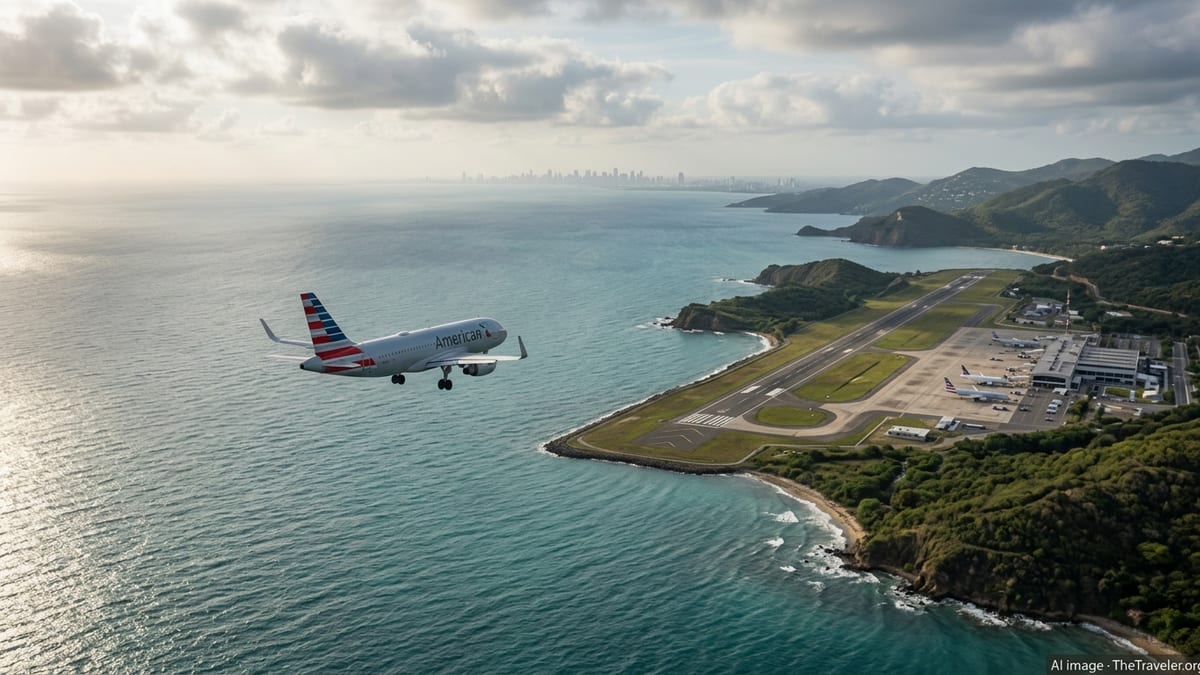 American Airlines jet approaching Caracas airport over the Caribbean Sea at sunset.