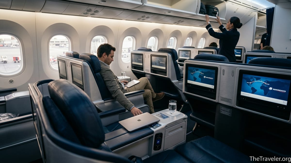 Passenger in Aeromexico Clase Premier cabin using an American Express card before departure.