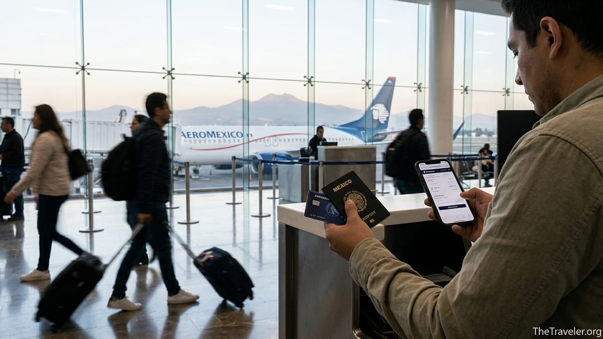 Traveler at an airport gate checking an American Express Aeromexico booking on a phone.