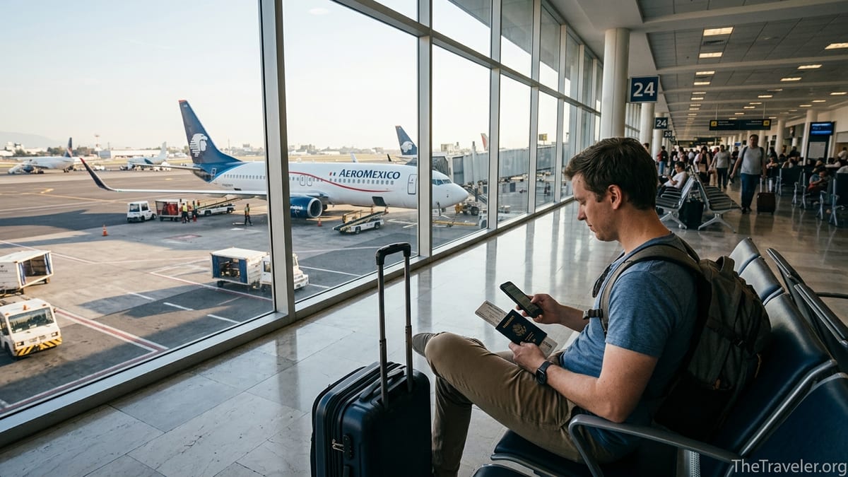 Traveler holding an American Express card at an airport gate with an Aeromexico plane outside.