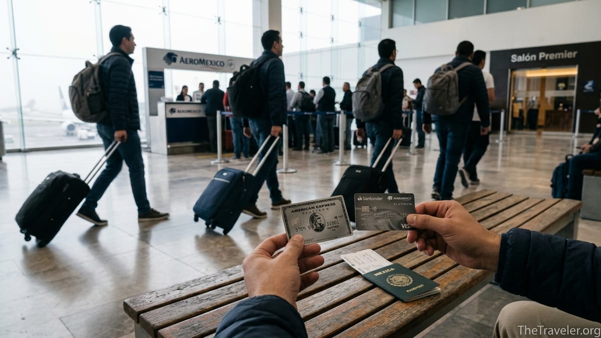 Traveler comparing American Express Aeromexico and Santander Aeromexico Platinum cards at Mexico City airport.