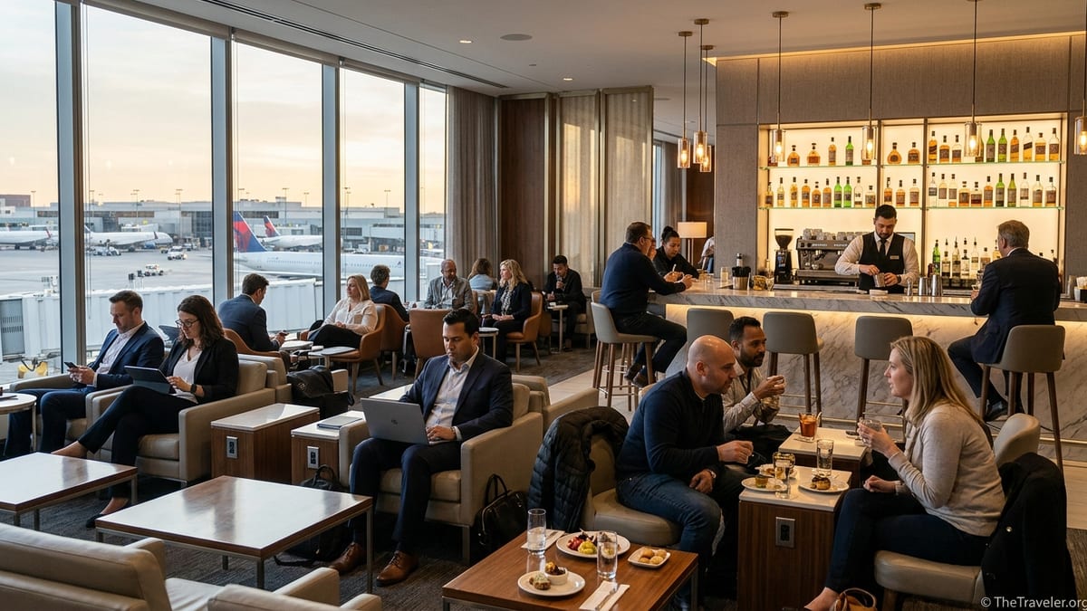 Travelers relaxing and working inside a modern American Express Centurion airport lounge.