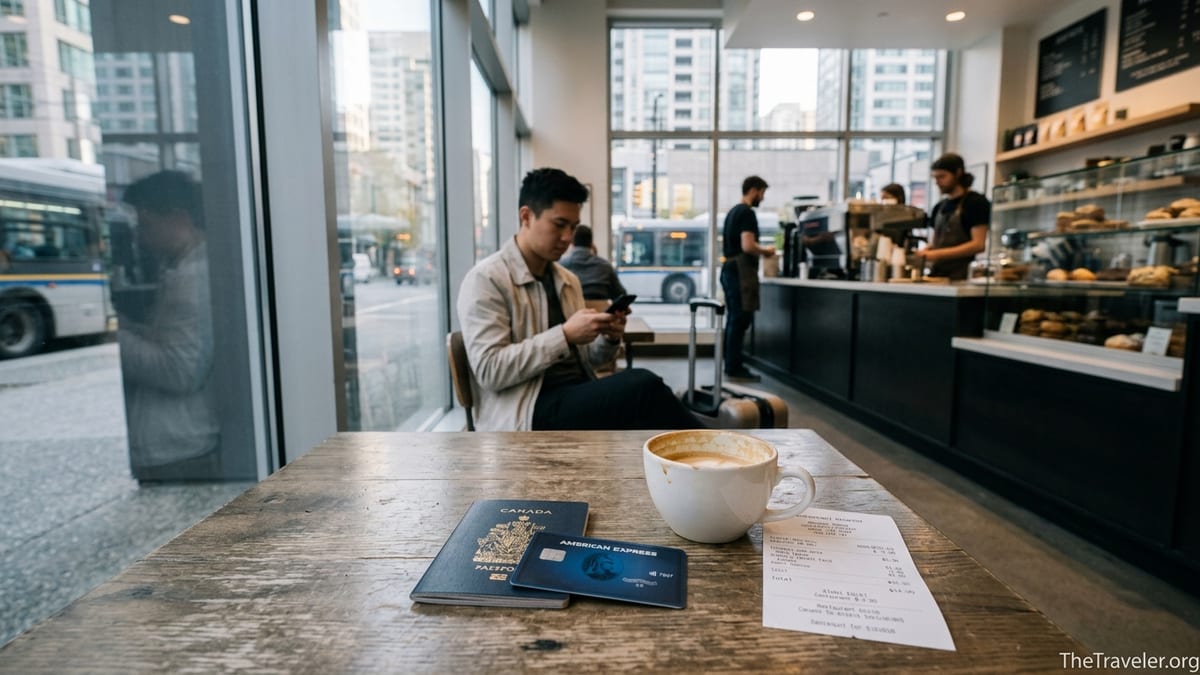American Express Cobalt card beside a Canadian passport and coffee in a Vancouver café.