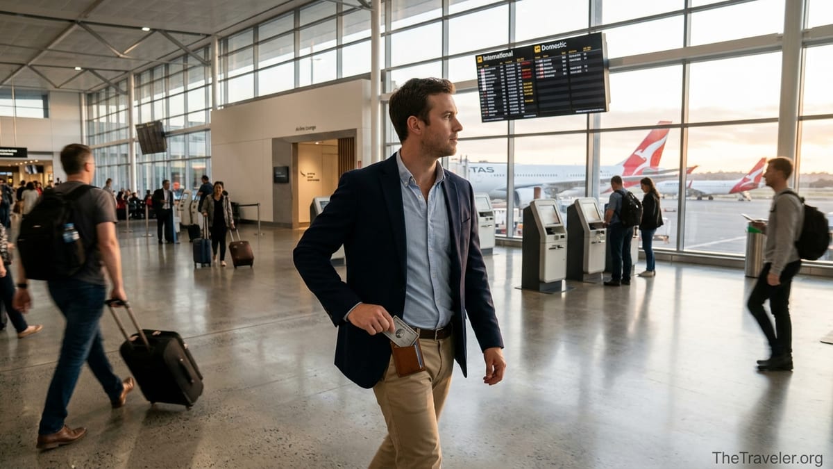 Traveller at Sydney Airport putting an American Express card into a wallet near international departures.