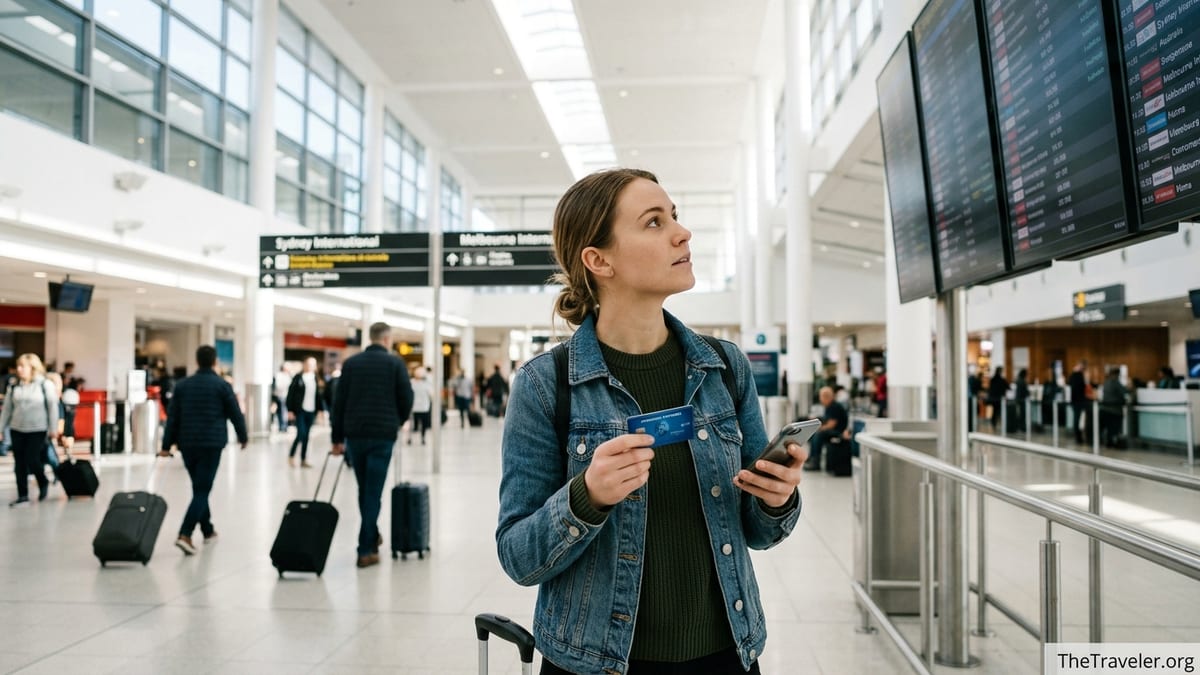 Traveller at Australian airport holding a credit card and phone near departure board.