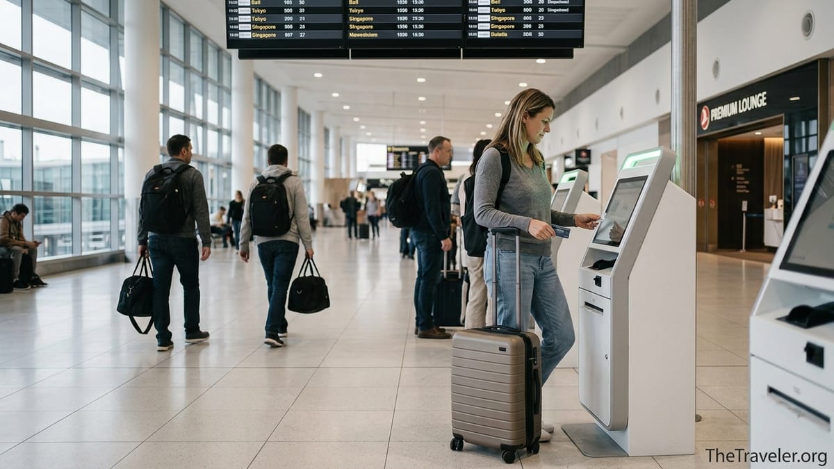 Traveler using an American Express card at an airport check in kiosk in Sydney.