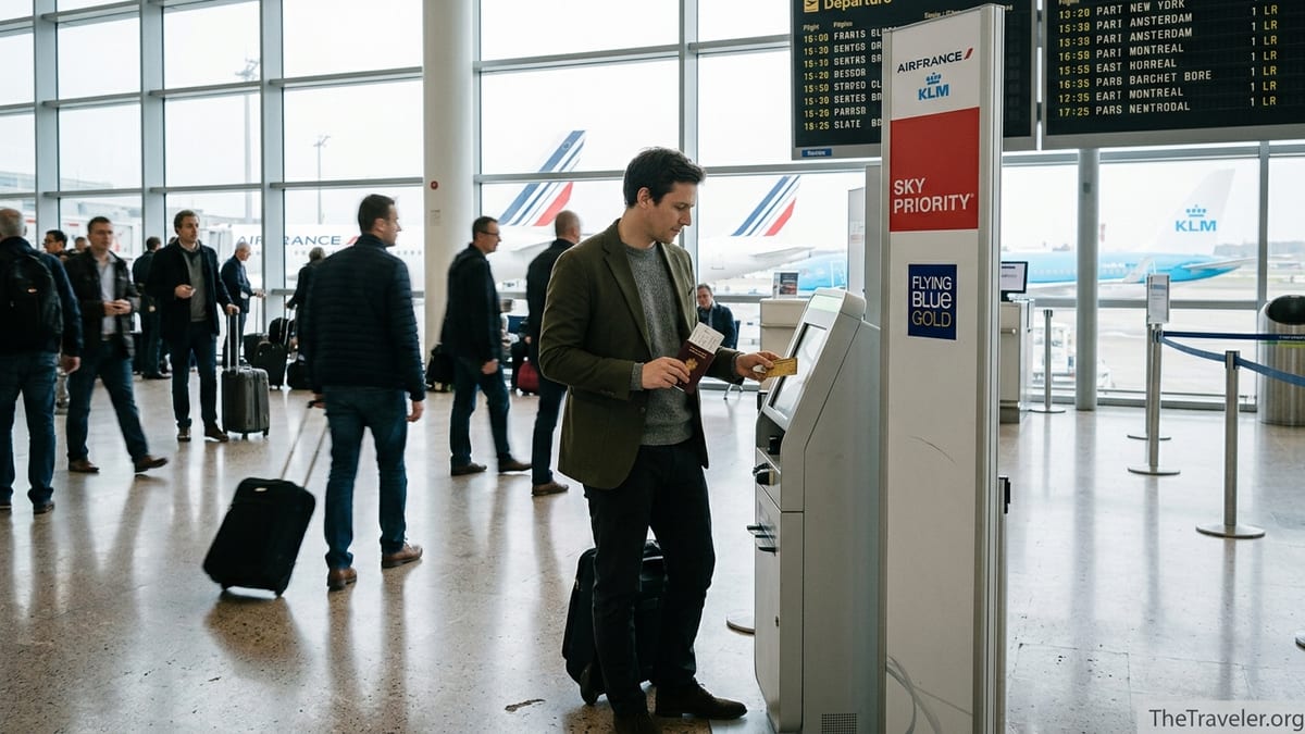 Traveler holding a gold card at an Air France KLM SkyPriority gate in a busy airport terminal.