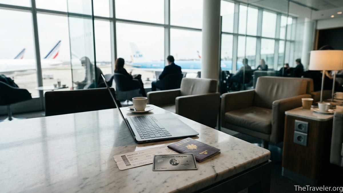 Traveler in an airport lounge with passport and American Express Flying Blue Platinum card on table.