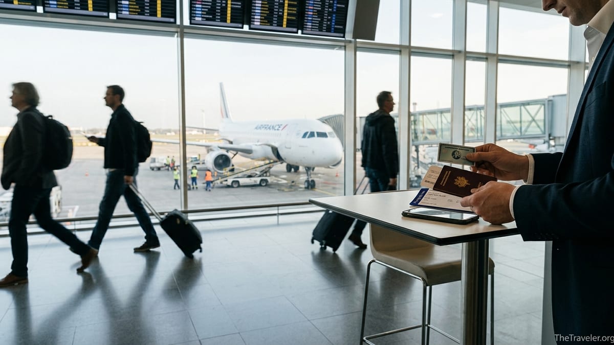 Traveler at European airport terminal holding an American Express card and Flying Blue boarding pass with Air France jet in背景