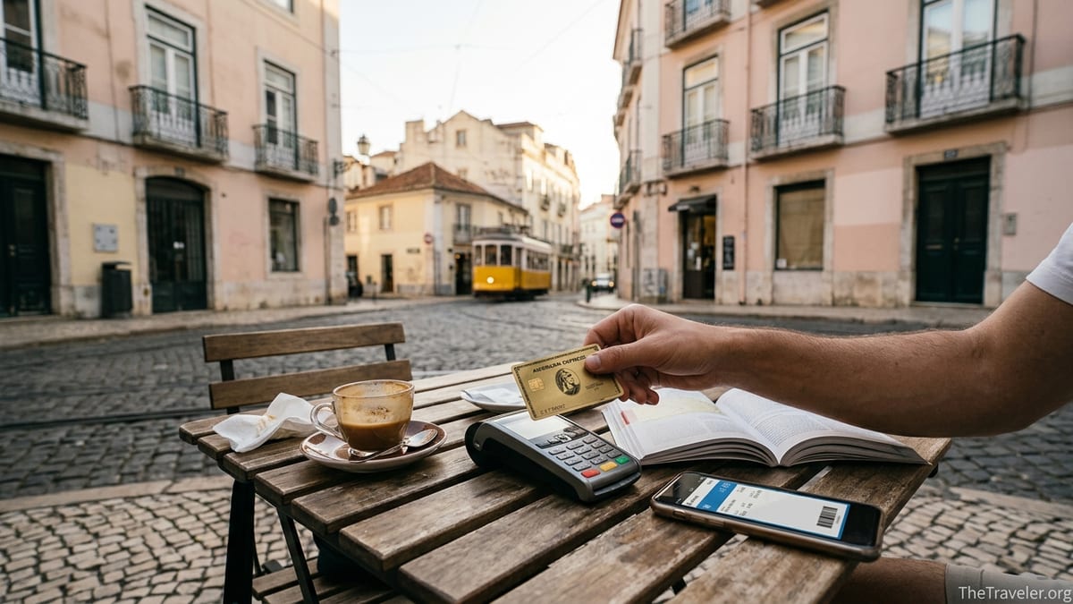 Traveler paying with an American Express Gold card at an outdoor European café table.