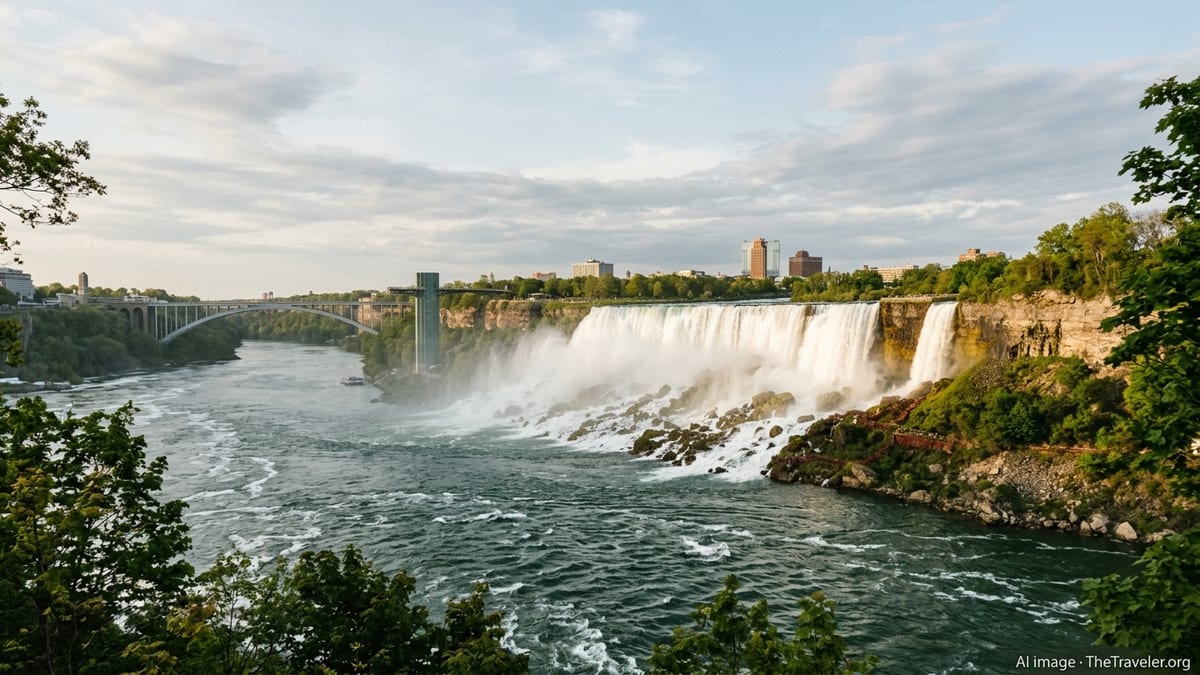 American Falls at Niagara Falls viewed from U.S. side with mist, rocks and Rainbow Bridge in the distance.