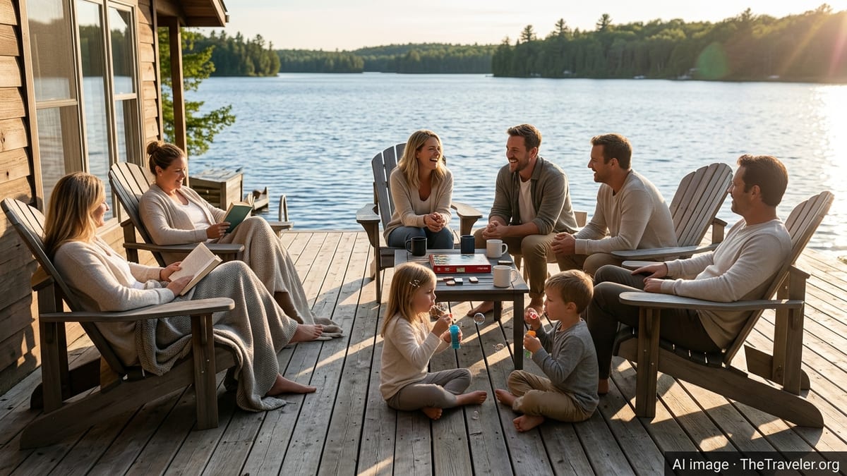 Family and friends relaxing on a lakeside cabin deck, sharing quiet time together.