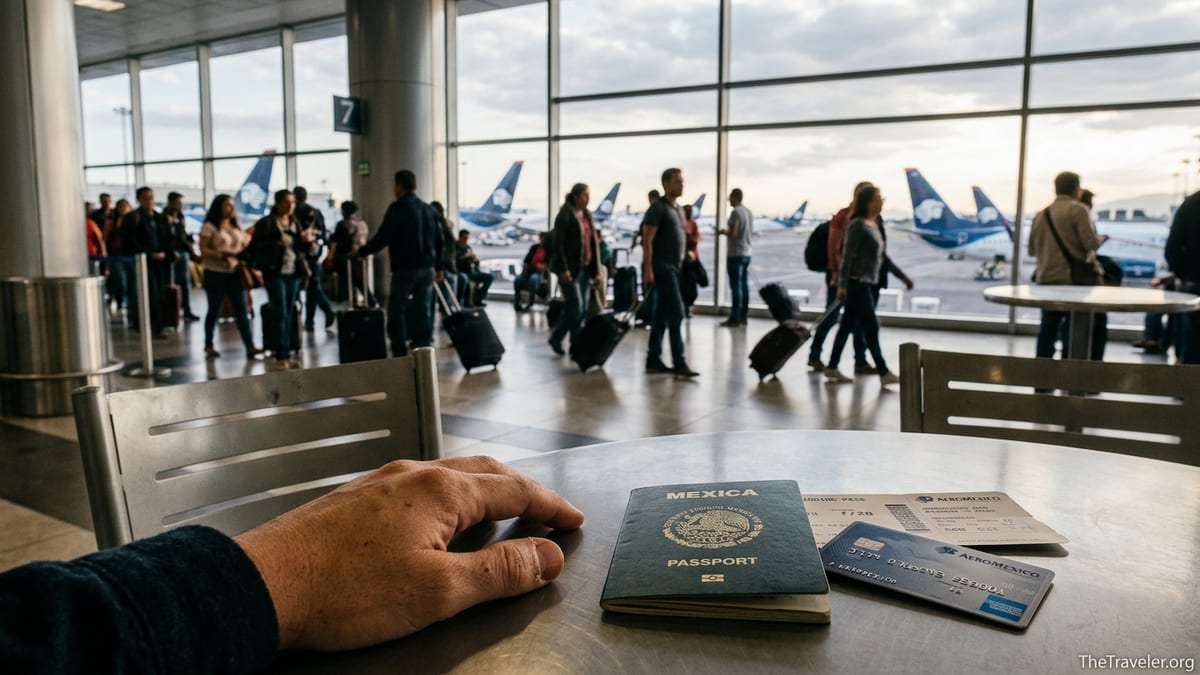 Traveler holding an American Express Aeromexico card with passport and boarding pass at Mexico City airport.