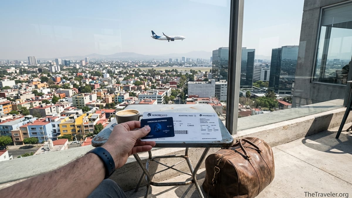 Traveler holding an American Express card and Aeromexico boarding pass on a terrace overlooking Mexico City skyline.