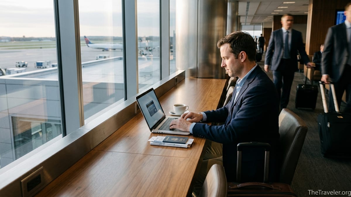 Business traveler using a laptop and card in a modern airport lounge