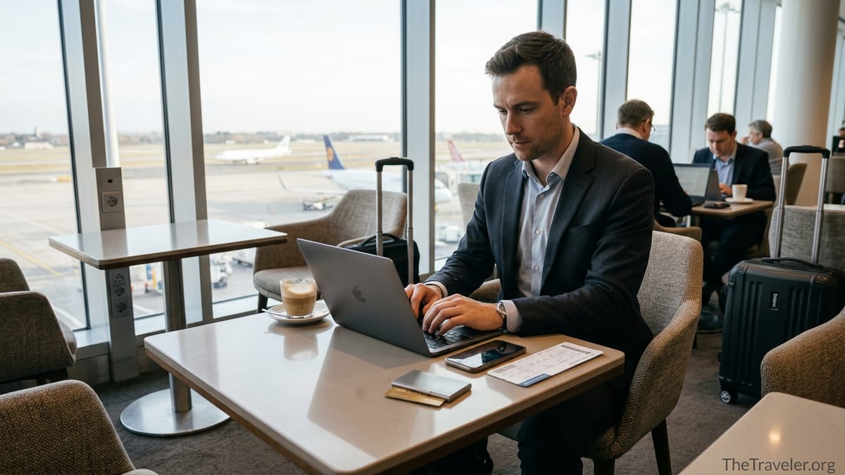 Business traveler working in an airport lounge with a gold card and laptop.