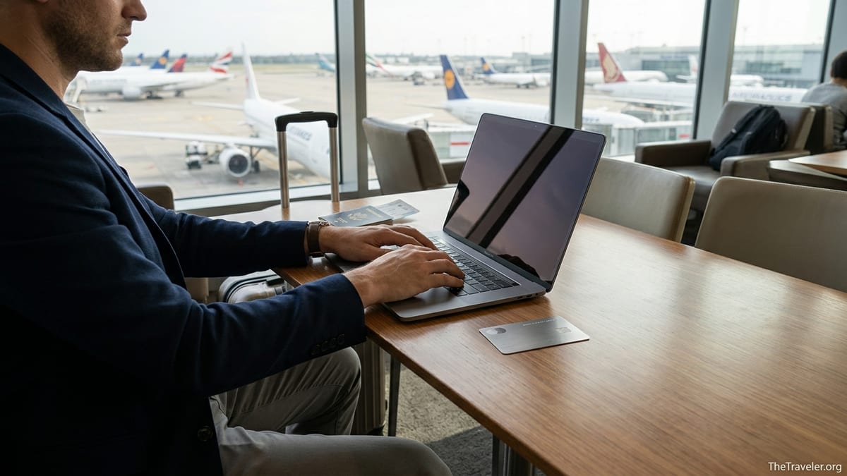 Business traveler working in an airport lounge with a metal credit card on the table.