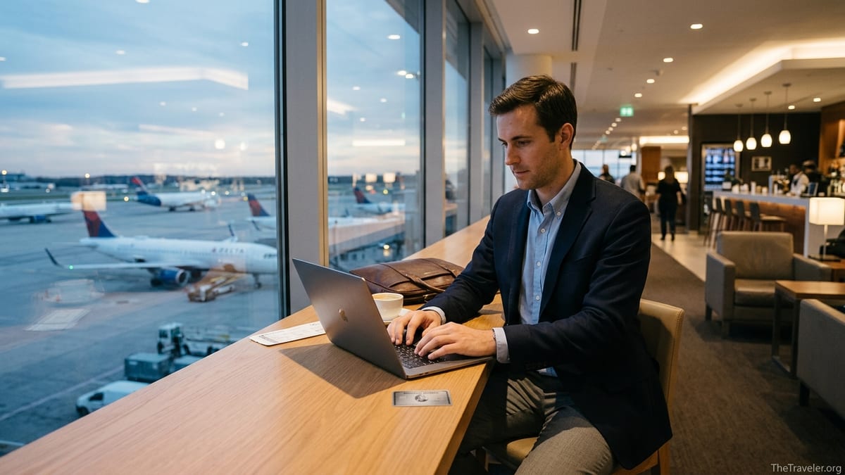 Business traveler using an Amex Business Platinum card in a quiet airport lounge at dusk.