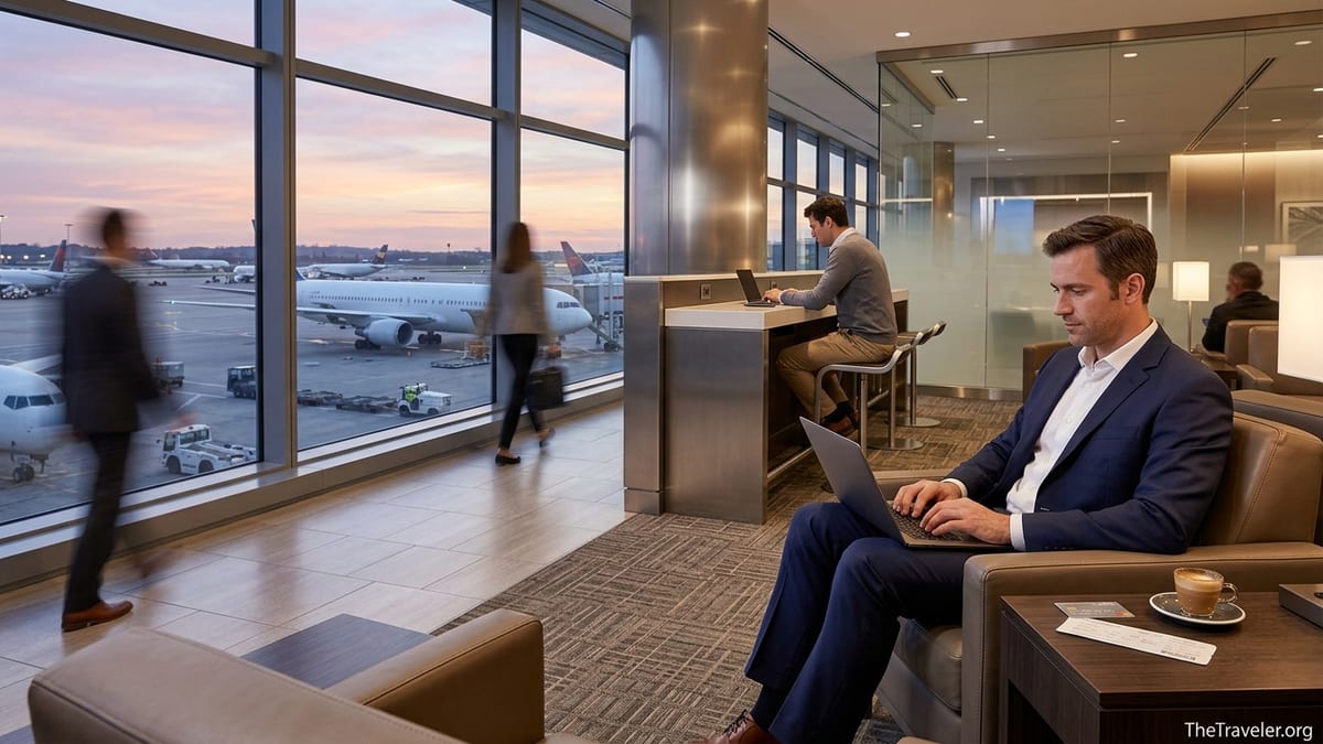 Business traveler working on a laptop in an airport lounge with runway view at dusk.
