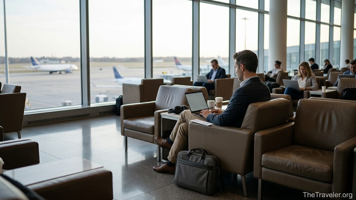 Business traveler working on a laptop in an airport lounge overlooking planes on the runway.