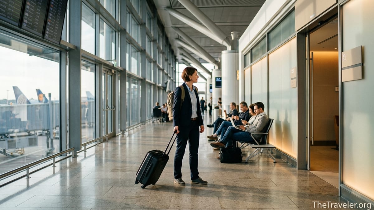 Business traveler walking through a bright airport terminal near a premium lounge entrance.