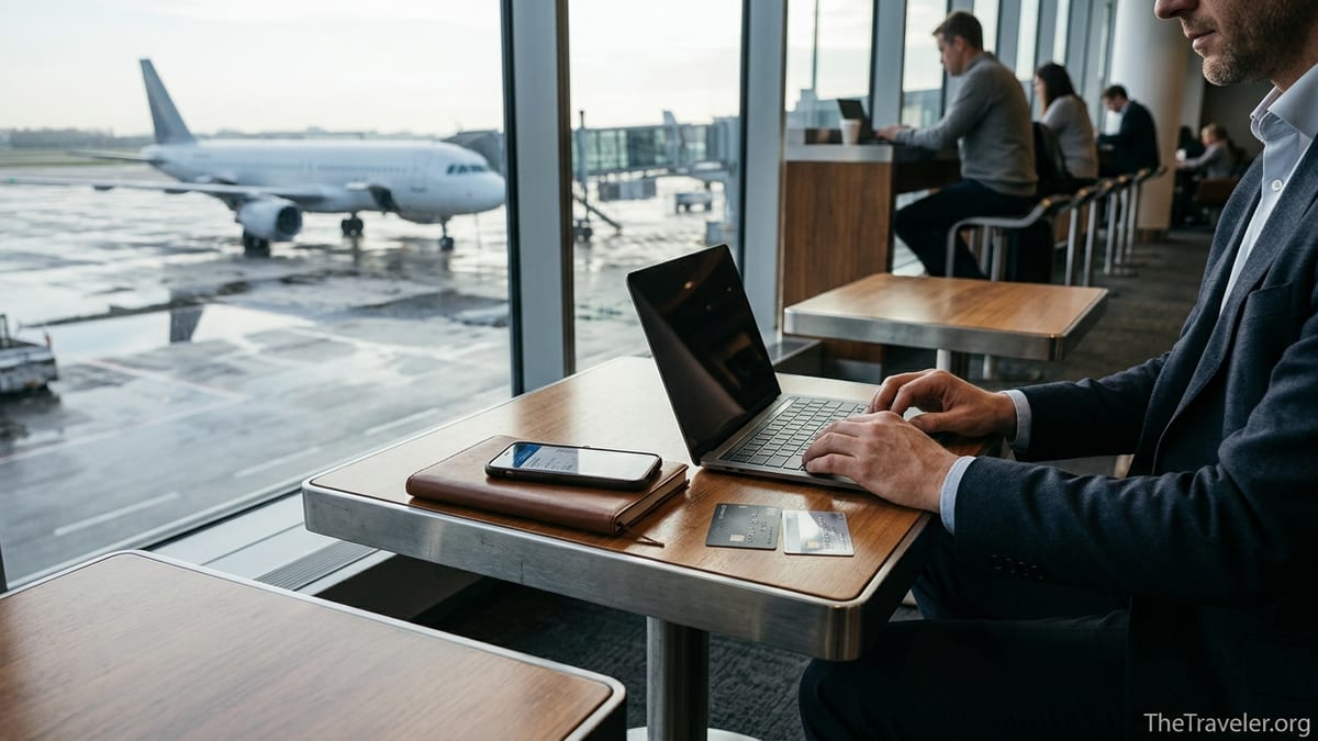 Business traveler working in an airport lounge with two credit cards on the table.