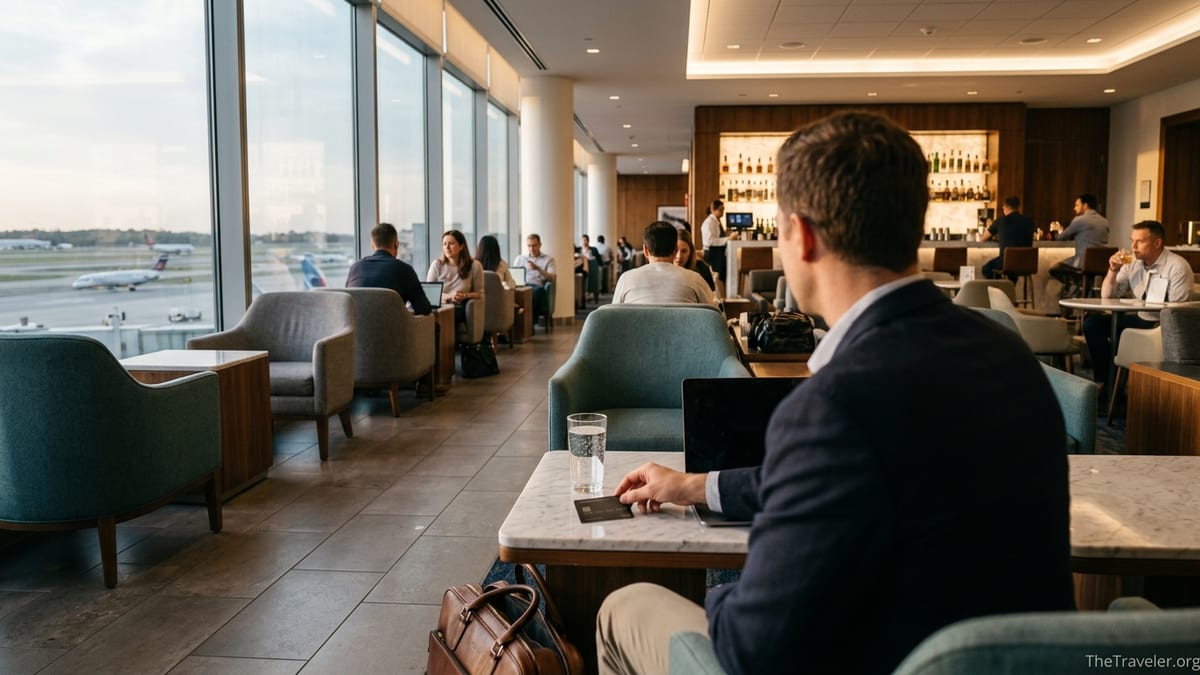 Traveler placing a premium metal card on a table inside an airport Centurion Lounge at sunset.