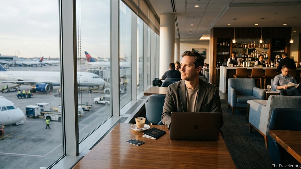 Traveler holding a black metal card in a quiet airport Centurion Lounge overlooking the runway.