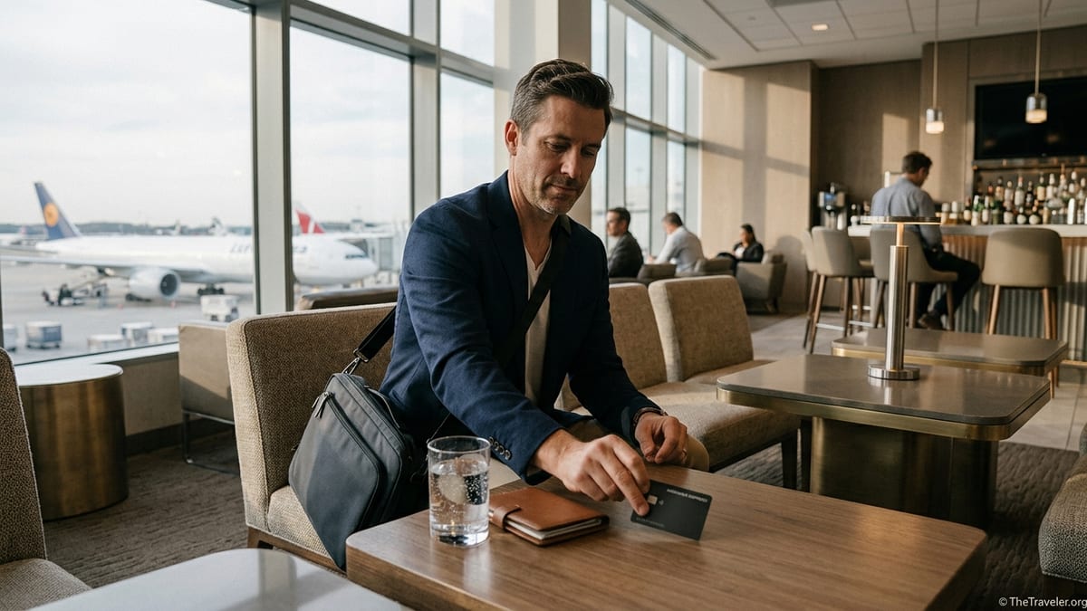 Traveler placing a black metal credit card on a table inside an upscale airport lounge.