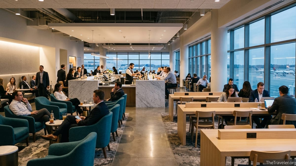 Travelers relaxing and working inside a premium airport lounge with runway views.