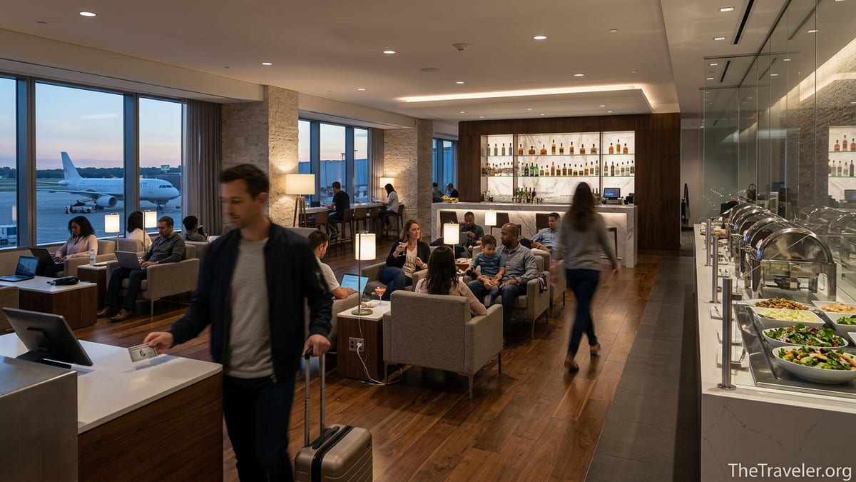 Travelers relaxing and working inside a modern American Express Centurion airport lounge.
