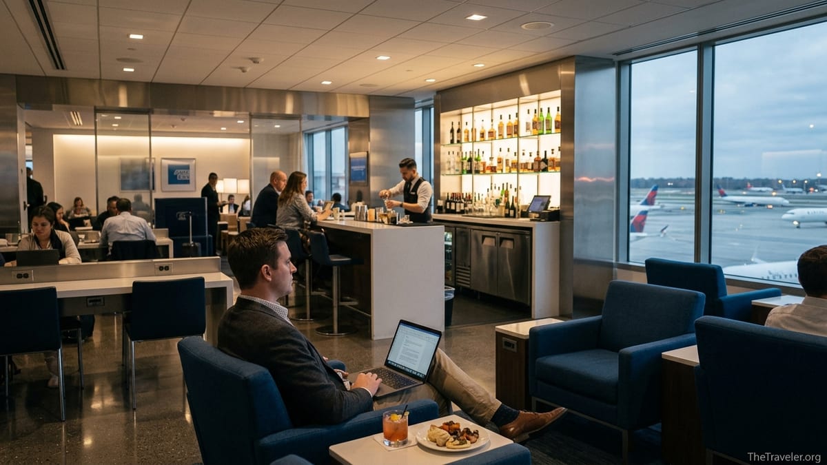 Travelers relaxing and working inside a busy American Express Centurion airport lounge at dusk.