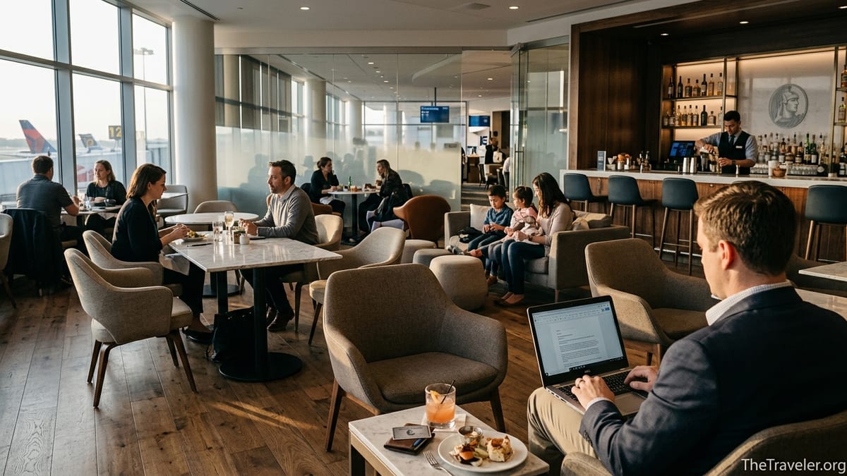 Travelers working and dining inside a busy American Express Centurion airport lounge.