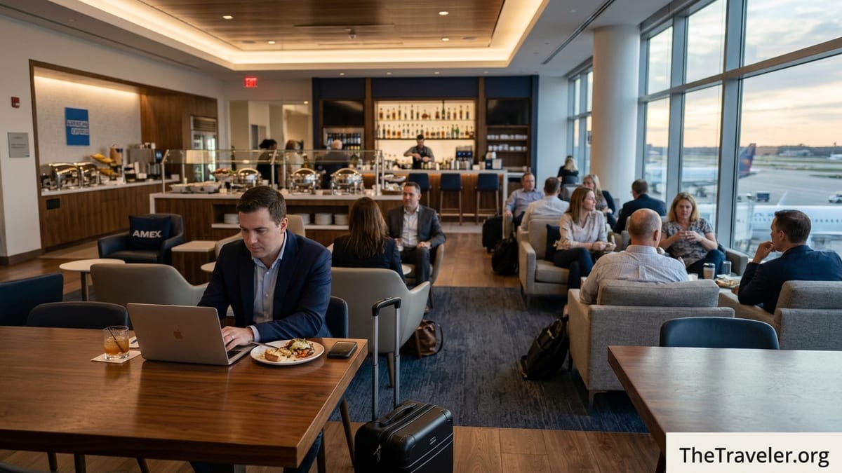 Travelers working and relaxing inside a modern American Express Centurion Lounge at a U.S. airport