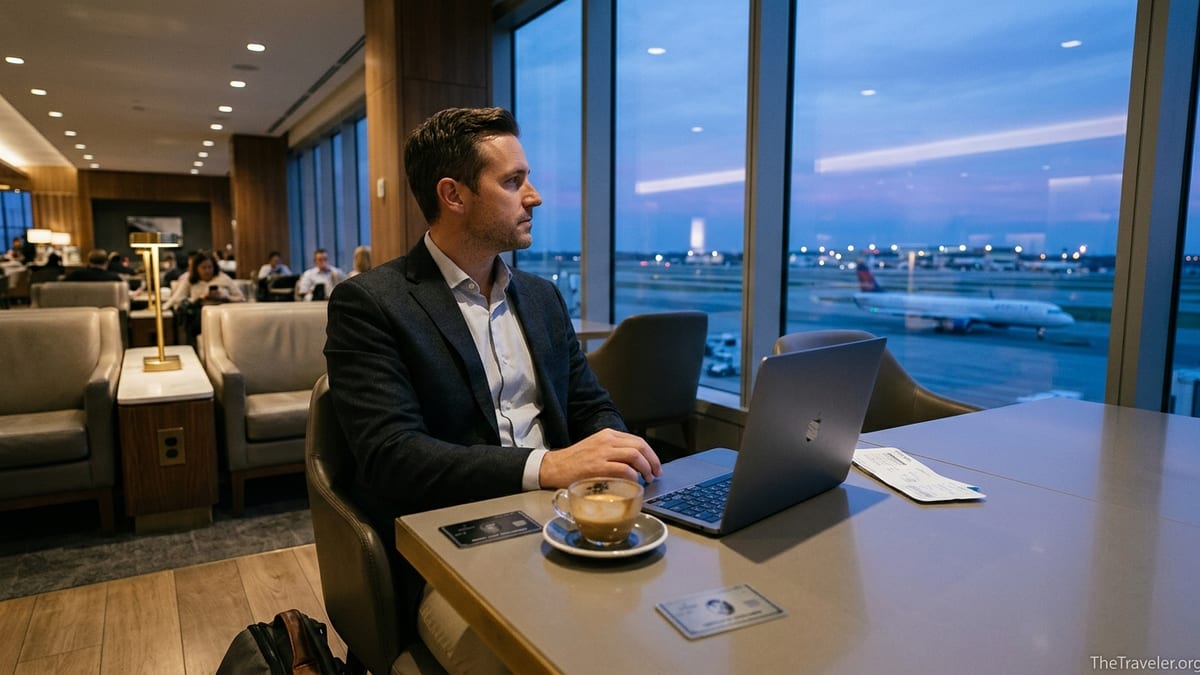 Traveler in an airport lounge comparing two metal credit cards beside a runway view at dusk.