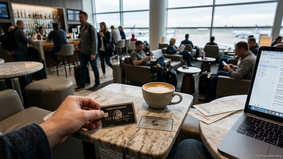 Amex Centurion and Platinum cards on a table in a busy airport lounge.