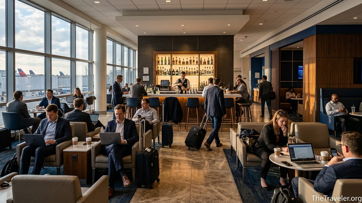 Travelers relaxing and working inside a modern airport lounge with bar and runway views.