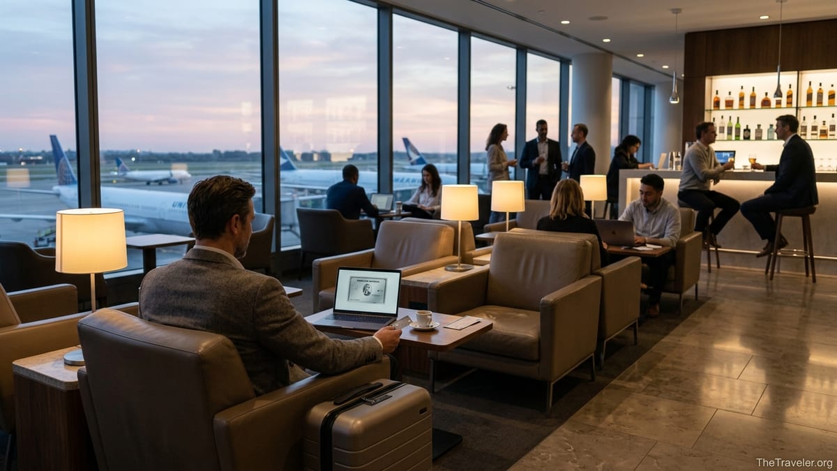 Traveler using a premium credit card in an upscale airport lounge at dusk.