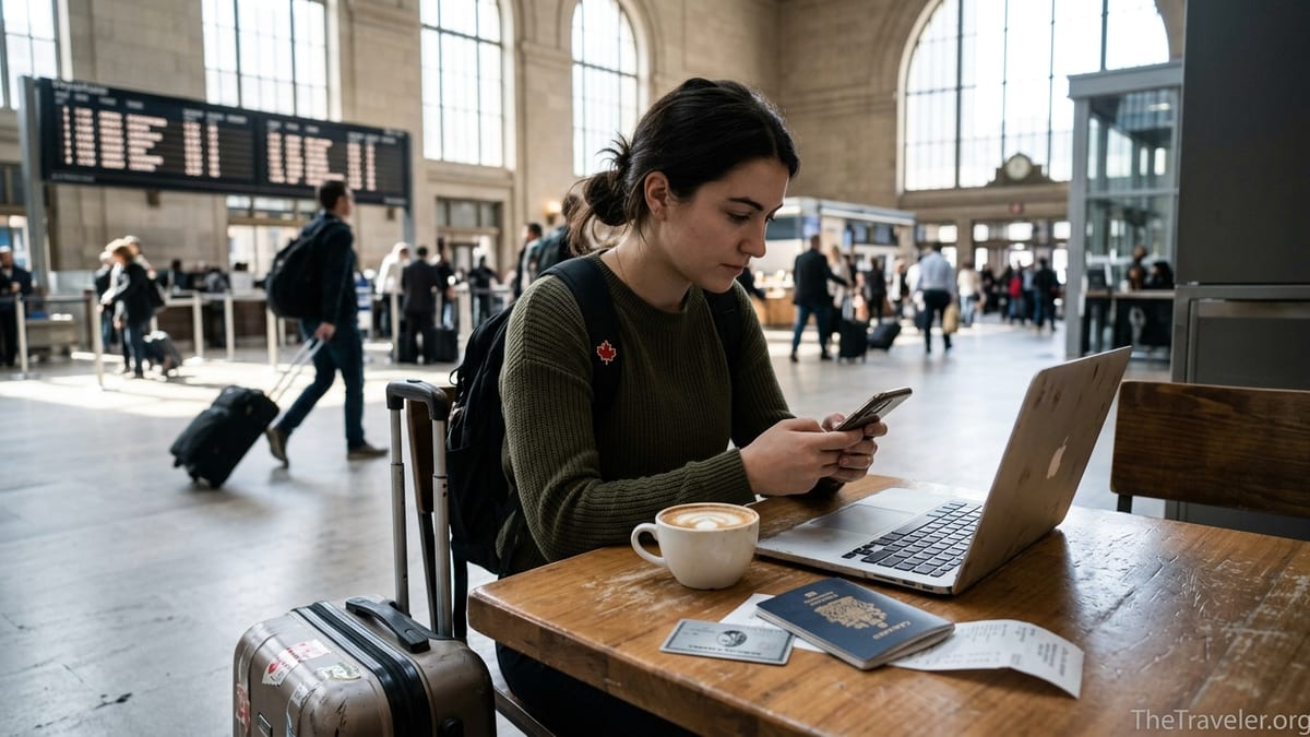 Traveler reviewing American Express card charges at a Canadian train station cafe.