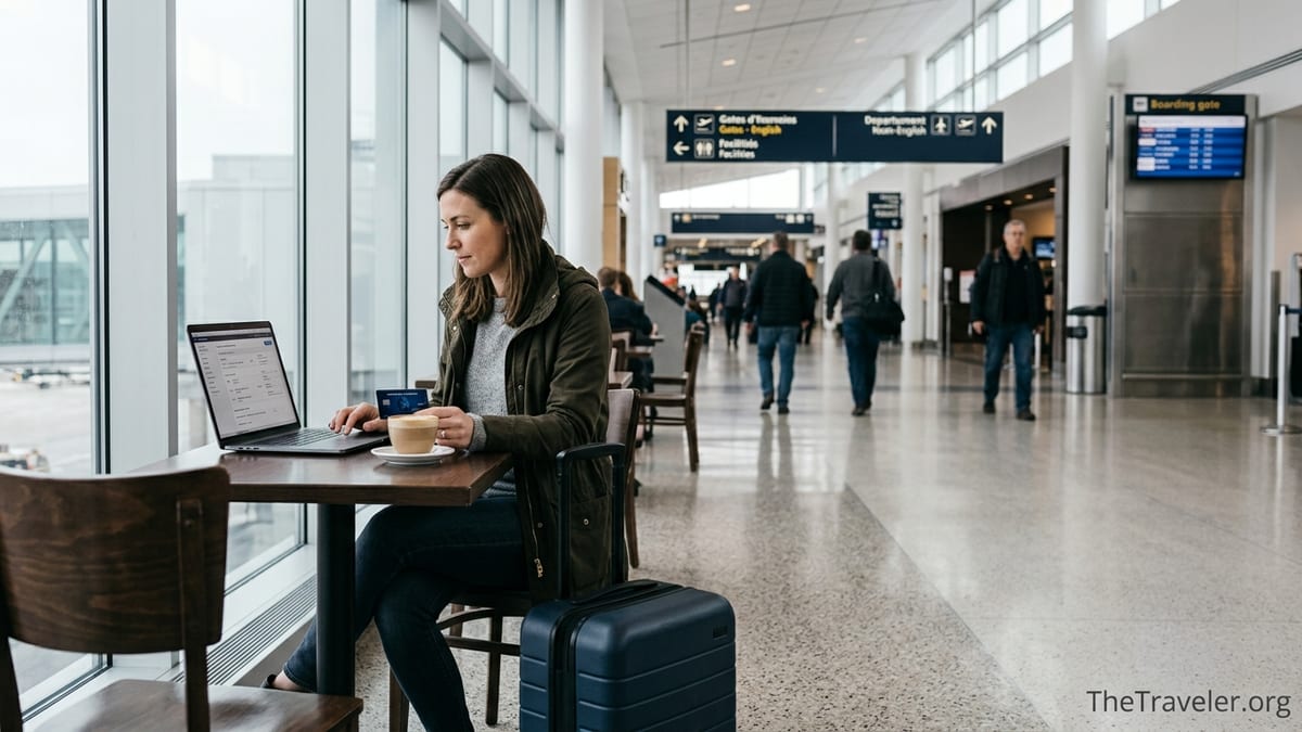Traveler in a Canadian airport café holding an Amex Cobalt card beside luggage and laptop.