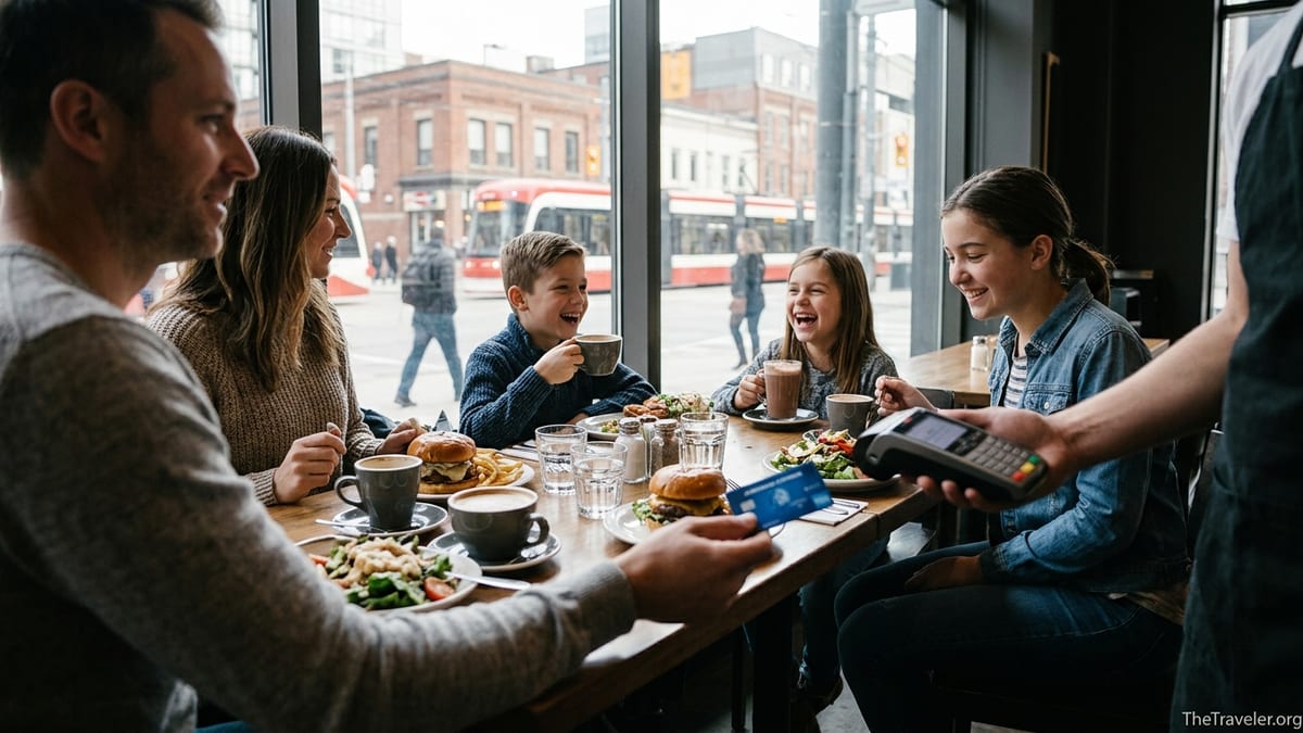 Family paying with an American Express Cobalt Card at a bright Canadian café