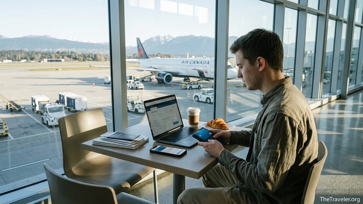 Traveler at Vancouver airport café reviewing a blue credit card and trip plans by a window overlooking an Air Canada plane.