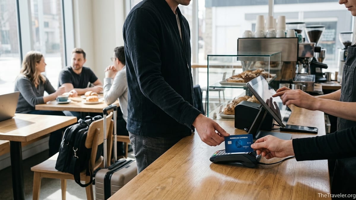 Traveler paying with an American Express Cobalt card at a busy Canadian café counter.