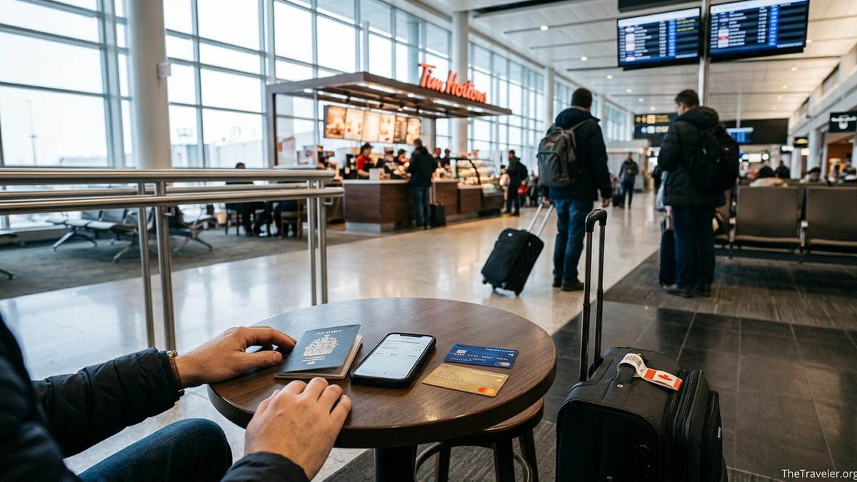 Traveler at a Canadian airport café table with passport, suitcase and two premium credit cards.