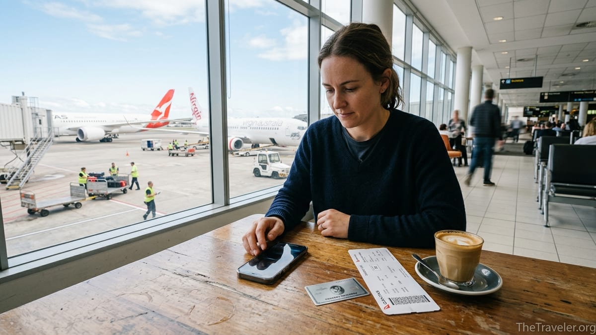 Traveller at Sydney Airport gate with American Express card, coffee and boarding pass.