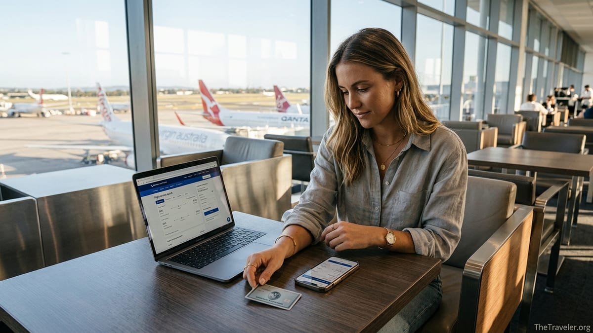 Traveller in Australian airport lounge using American Express Explorer card to book flights on a laptop.
